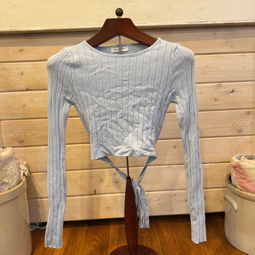 Emory Park Blue Ribbed Tie Crop Top